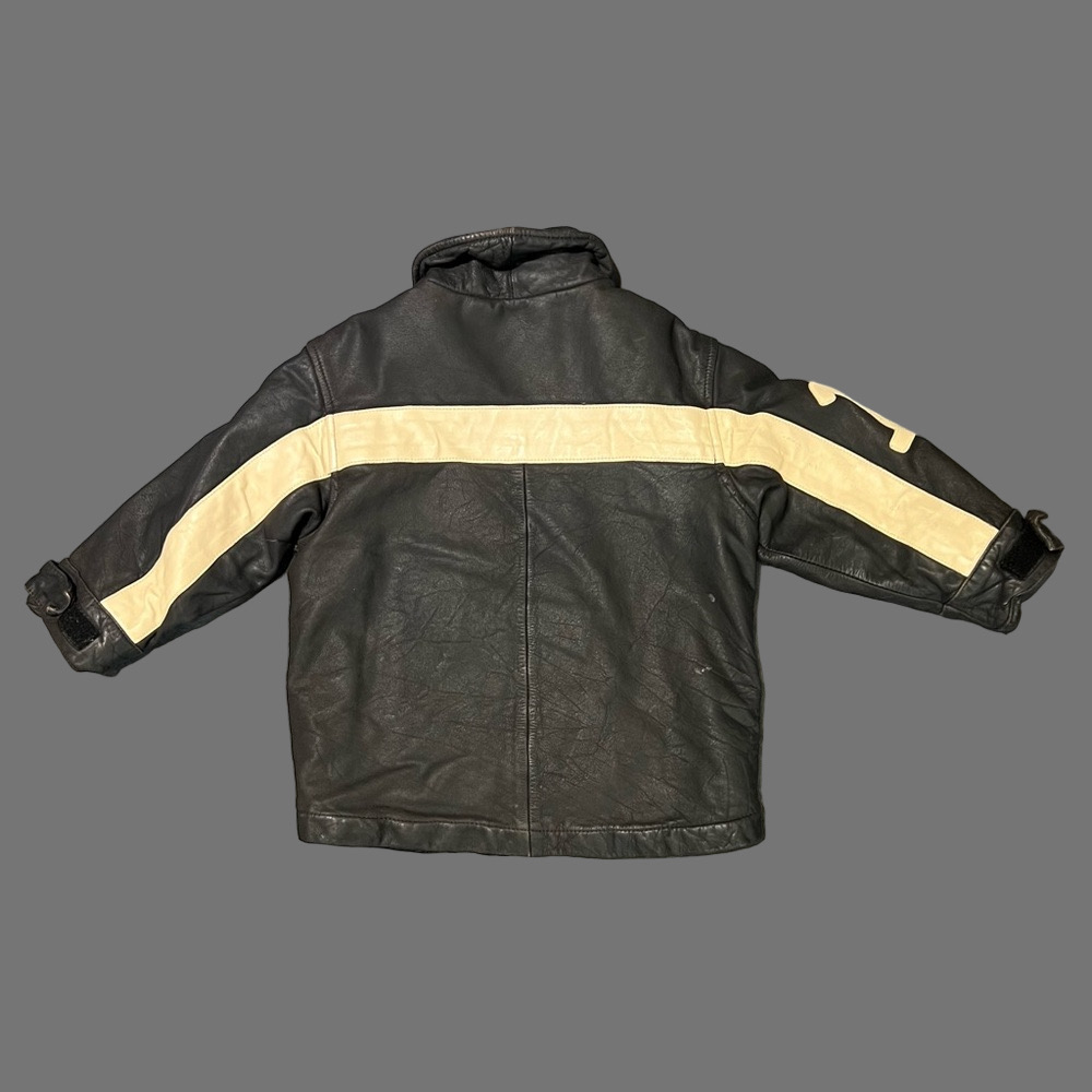 GAP Kids Black and Cream Bomber Leather Jacket Sporty Varsity Style - Picture 2 of 10